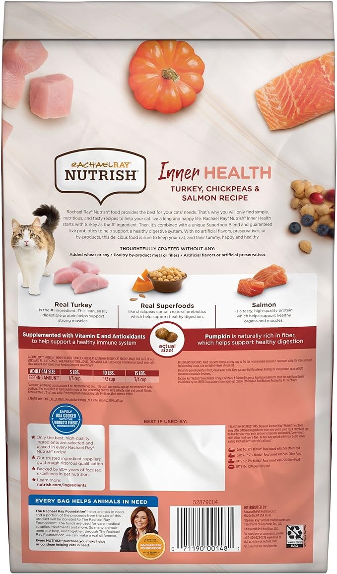 Rachael Ray Nutrish Inner Health Premium Natural Dry Cat Food, Turkey with Chickpeas & Salmon Recipe, 3 Pound Bag