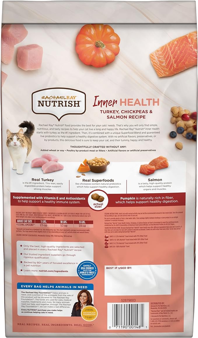 Rachael Ray Nutrish Inner Health Premium Natural Dry Cat Food, Turkey with Chickpeas & Salmon Recipe, 3 Pound Bag